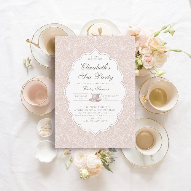 Convites Chá de fraldas Elegante de Lace Pink-Girl do Tea P (girl baby tea party shower invitation elegant frame modern classic lace peach pink white brewing)