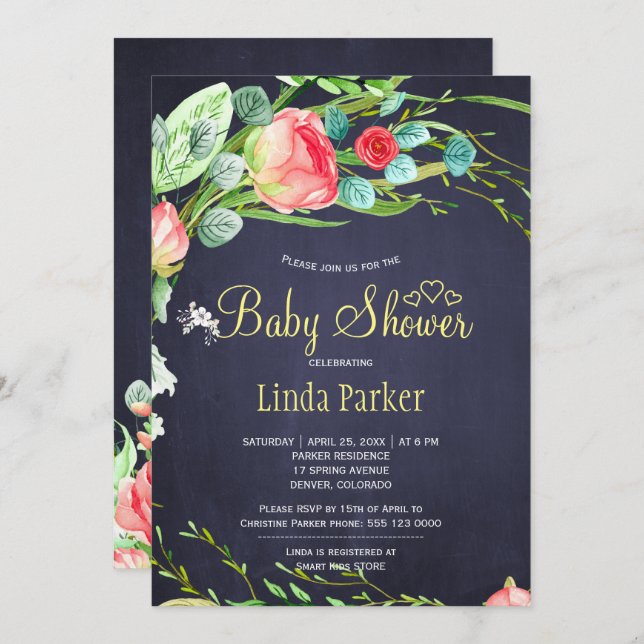 Convites Chá de fraldas elegante de rosas de jardim de mari (Frente/Verso)