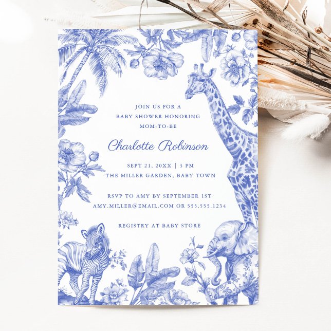 Convites Chá de fraldas Elegante de Toile Safari Blue Boy (Blue Boy Toile Safari Elegant Baby Shower Invitation)