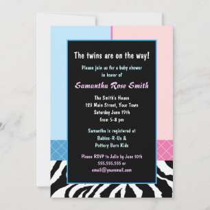 Convites Chá de fraldas Elegante de Zebra Azul/Garota Gêm