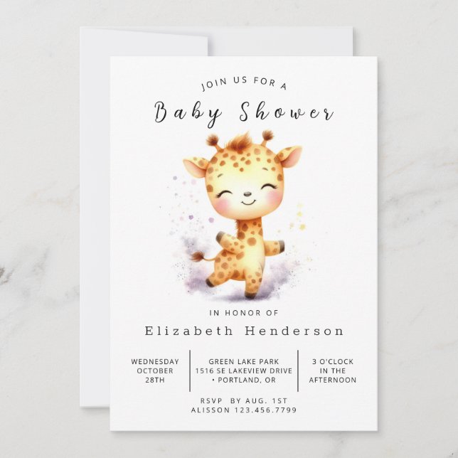 Convites Chá de fraldas Elegante Digital Giraffe (Frente)