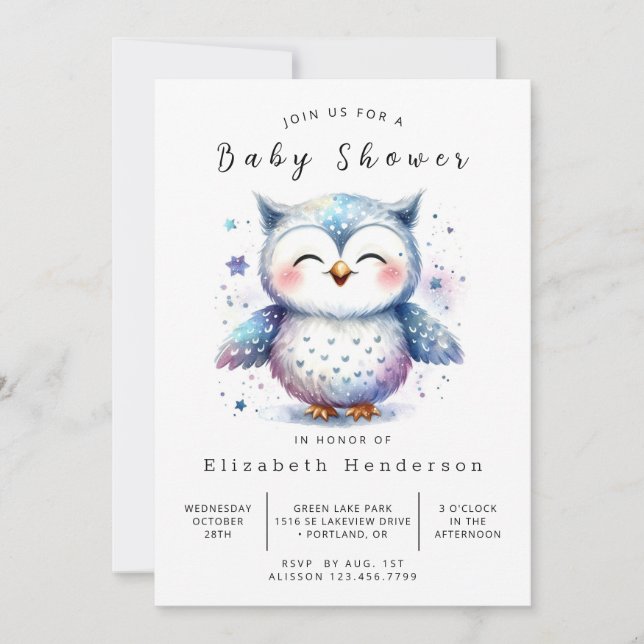 Convites Chá de fraldas Elegante Digital Owl (Frente)