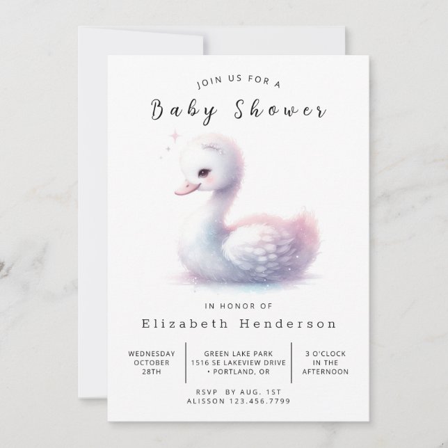 Convites Chá de fraldas Elegante Digital Swan (Frente)