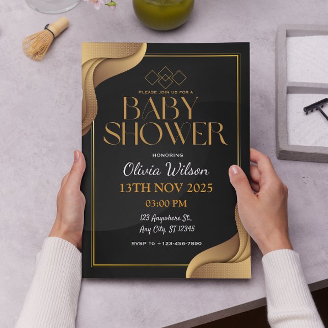 Convites Chá de fraldas Elegante Dourado e neutro para o gê (Criador carregado)