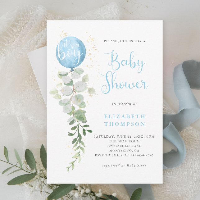 Convites Chá de fraldas Elegante Eucalyptus Balão Azul (boy baby shower invitation blue balloon eucalyptus greenery watercolor modern calligraphy simple)