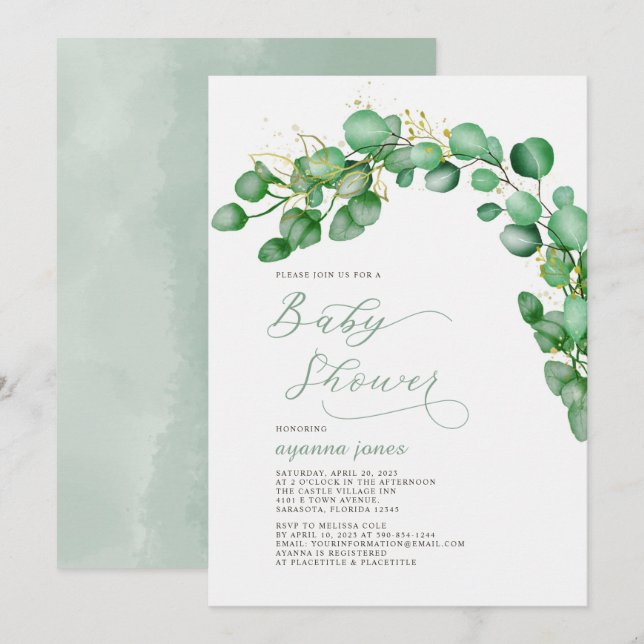 Convites Chá de fraldas Elegante Eucalyptus Greenery (Frente/Verso)