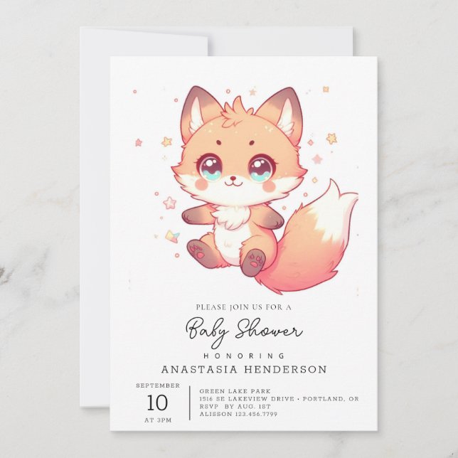 Convites Chá de fraldas Elegante Fantasy Fox (Frente)