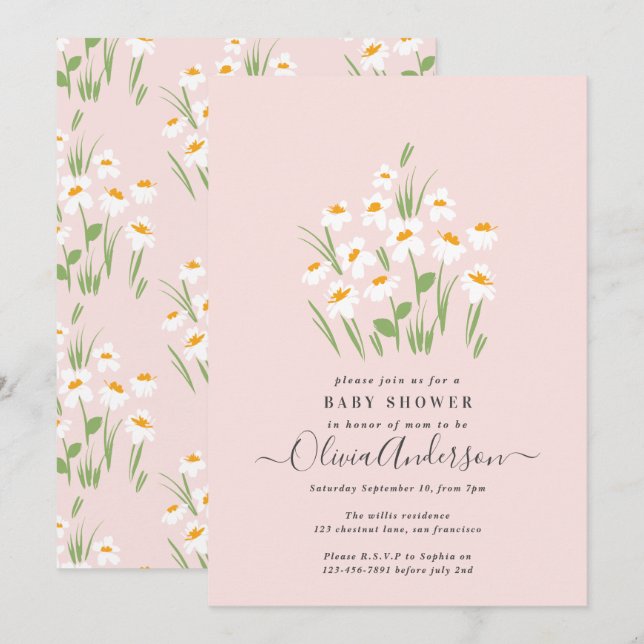 Convites Chá de fraldas elegante floral azul margarida (Frente/Verso)