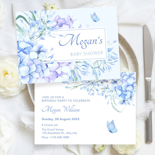 Convites Chá de fraldas elegante floral azul roxo (Criador carregado)