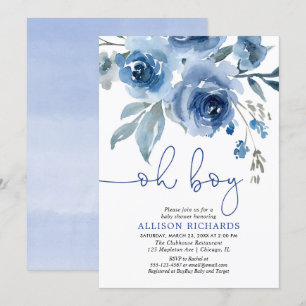 Convites Chá de fraldas elegante floral do menino dos azui