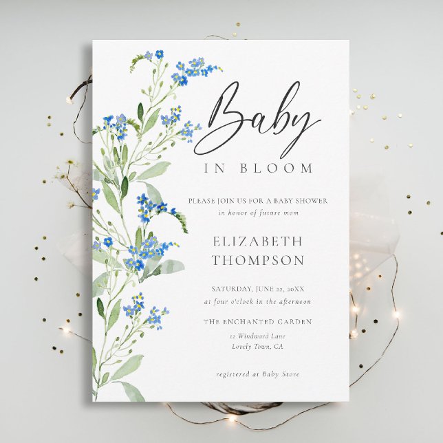 Convites Chá de fraldas Elegante Floral Floral de Bloom de  (wildflowers baby shower invitation blue in bloom watercolor arch elegant garden rustic chic boho)