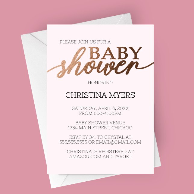 Convites Chá de fraldas Elegante Mínimo de Bronze e Rosa (Elegant Minimalist Bronze and Light Pink Baby Shower Invitation)