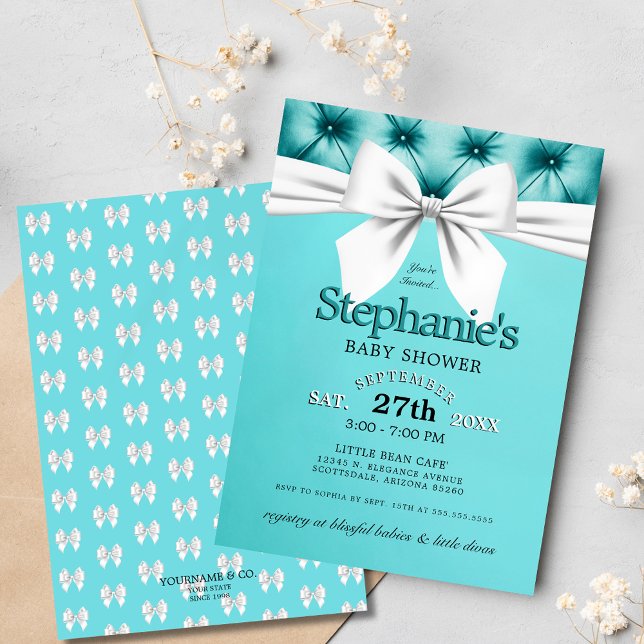 Convites Chá de fraldas Elegante moderno de Aqua Blue Tiffa (elegant teal blue tiffany theme baby shower invitation with chic white bow and tufted satin graphics)