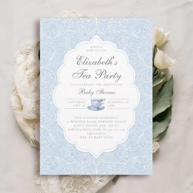 Convites Chá de fraldas Elegante Moderno Lace Blue Boy do T (boy baby tea party shower invitation elegant frame modern classic lace blue brewing)