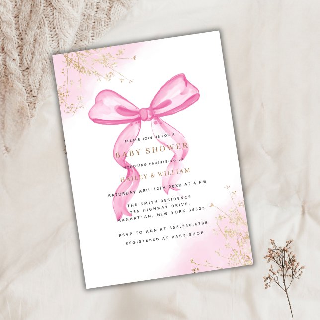 Convites Chá de fraldas Elegante rosa (Pink Elegant Bow Baby Shower Invitation)