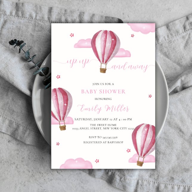 Convites Chá de fraldas Elegante Rosa de Balão de Ar Quente (Pink Elegant Hot Air Balloon Girl Baby Shower Invitation)