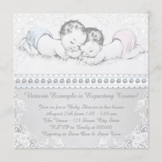Convites Chá de fraldas Elegante Rosa e Azul Gêmeos