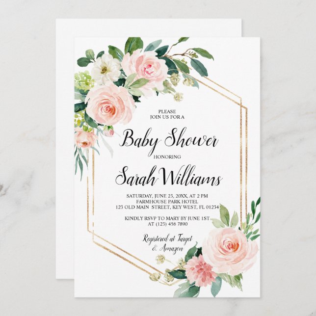 Convites Chá de fraldas Elegante Rosa Rosa Rosa Rosa Esbran (Frente/Verso)