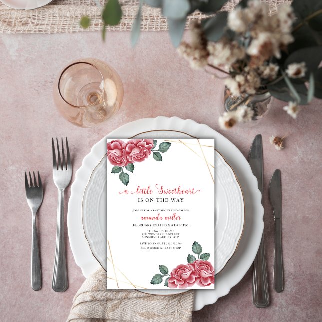 Convites Chá de fraldas elegante Rosa Sweetheart Namorados (Elegant Rose Sweetheart Valentine Baby Shower Invitation)