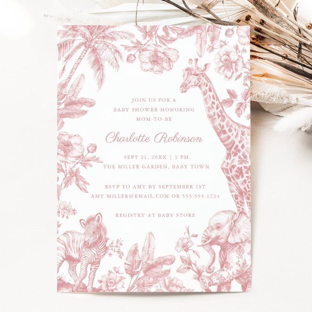 Convites Chá de fraldas Elegante Safari Garota Rosa (Pink Girl Toile Safari Elegant Baby Shower Invitation)