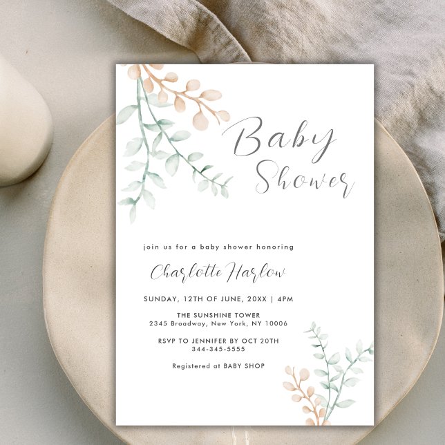 Convites Chá de fraldas Elegante Simples Eucalyptus (Simple Elegant Greenery Eucalyptus Baby Shower Invitation)