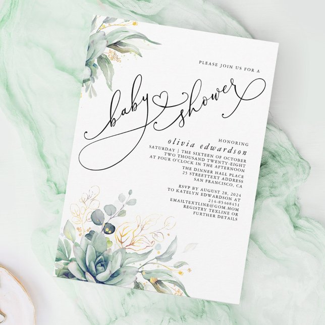 Convites Chá de fraldas Elegante Verde (Succulents Baby Shower Invitations)