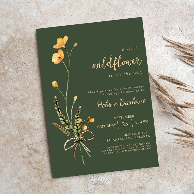 Convites Chá de fraldas Elegante Verde da Aquarela de Flore (Wildflower Watercolor Green Elegant Baby Shower Invitation)