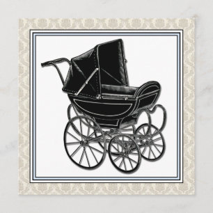 Convites Chá de fraldas Elegante Vintage Pram Beige Damask