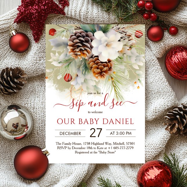 Convites Chá de fraldas Elegante Winter Evergreen Sip & See (Elegant Winter Evergreen Baby Shower Sip & See Invitation)