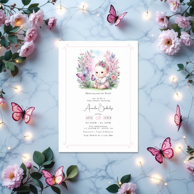 Convites Chá de fraldas Encantado de Flautter de Jardim (Enchanted Garden Flutter Love Baby Shower Invitation)