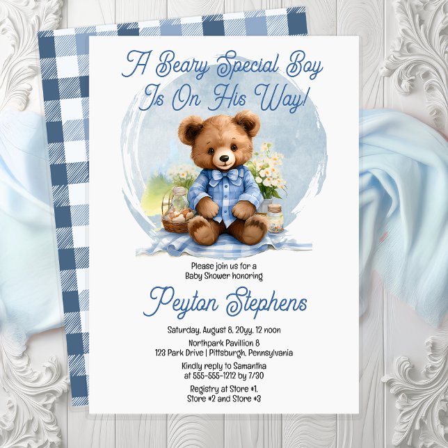 Convites Chá de fraldas Especial Beary Beary ("A Beary Special Boy Is On His Way!" Cute Teddy Bear Picnic Boy Baby Shower Invitation - Print | Dig)