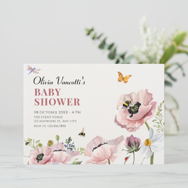 Convites Chá de fraldas estético floral de abelhas (Em pé/Frente)