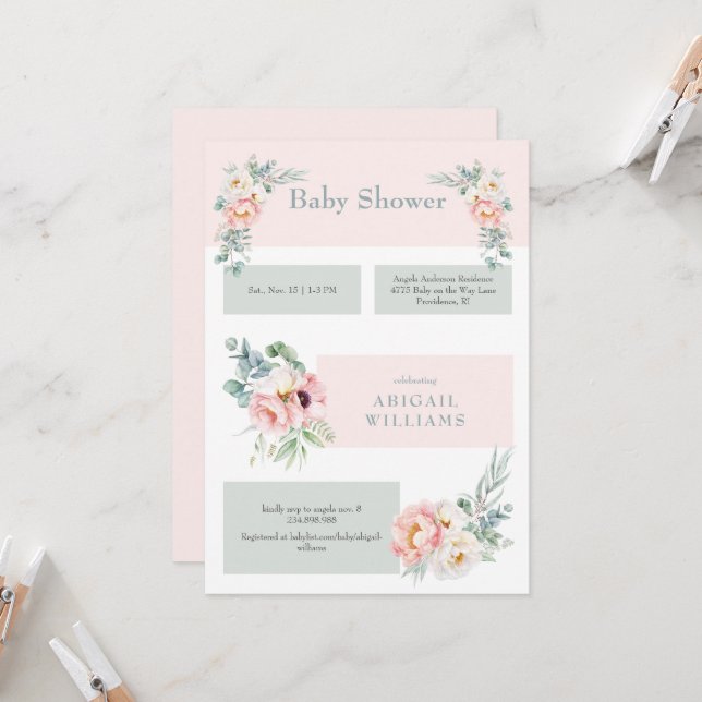 Convites Chá de fraldas Eucalipto Floral Blush (Frente/Verso In Situ)