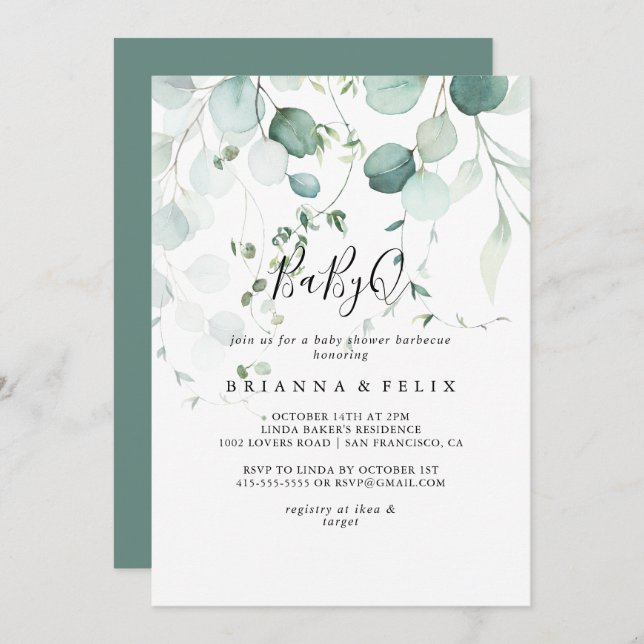 Convites Chá de fraldas Eucalyptus BabyQ Verde de Verão Bar (Frente/Verso)
