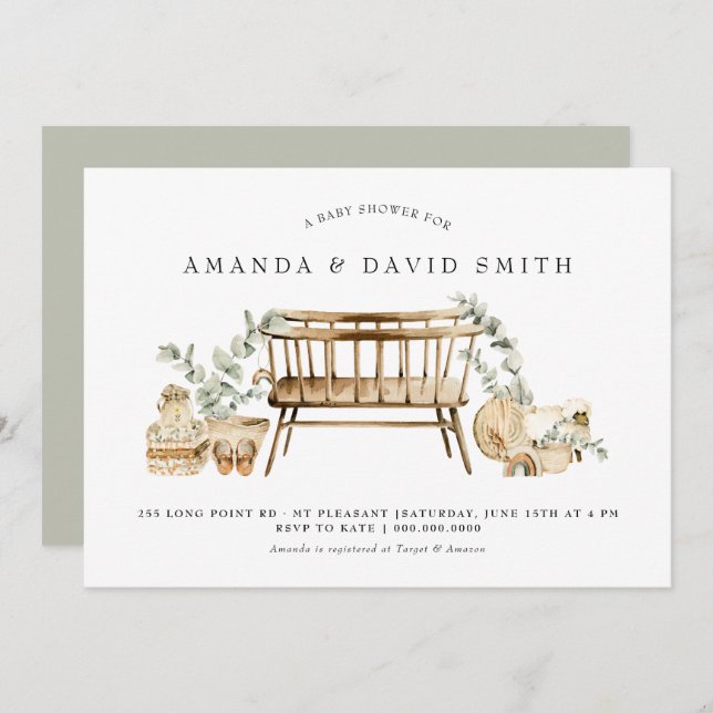 Convites Chá de fraldas Eucalyptus Bohemian Verde  (Frente/Verso)