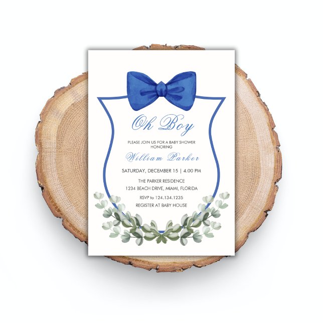 Convites Chá de fraldas Eucalyptus Crest Boy Arco Simples A (Blue Simple Bow Eucalyptus Crest Boy Baby Shower Invitation)