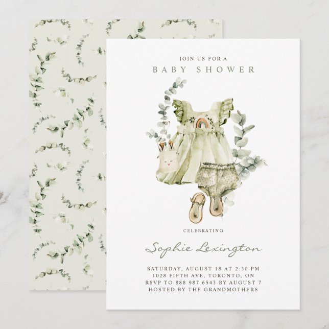 Convites Chá de fraldas Eucalyptus de Vestido Verde Boho (Frente/Verso)