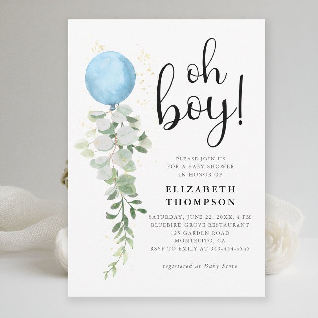 Convites Chá de fraldas Eucalyptus Elegante Oh Boy do Balão (oh boy baby shower invitation blue balloon eucalyptus greenery watercolor modern calligraphy elegant)