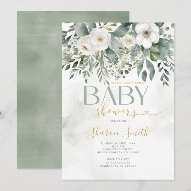 Convites Chá de fraldas Eucalyptus Floral Branco Elegante (Frente/Verso)