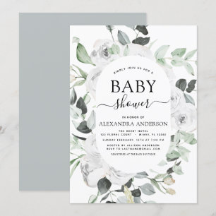 Convites chá de fraldas Eucalyptus Floral White Roses Gree