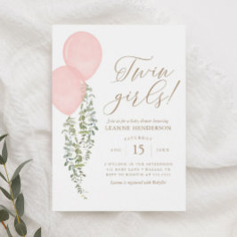 Convites Chá de fraldas Eucalyptus - Gêmeas - Balão Rosa
