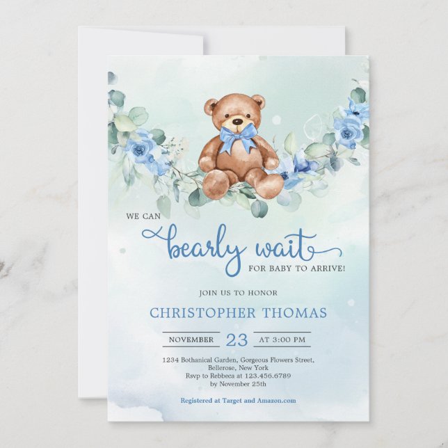 Convites Chá de fraldas Eucalyptus Wreath Bear (Frente)