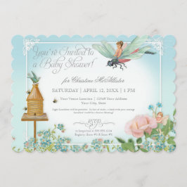 Convites Chá de fraldas Fairy Garden Bees Dragonfly Rosa Ar