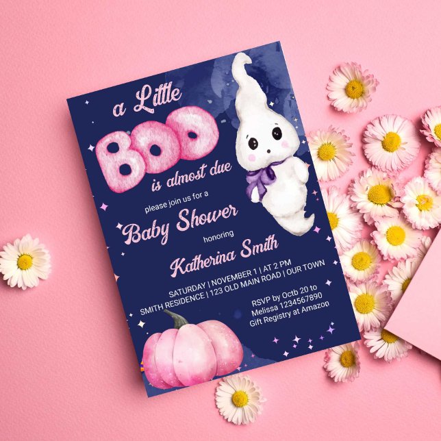 Convites Chá de fraldas fantasma da menina do Dia das Bruxa (Little boo baby girl Halloween themed baby shower cute baby ghost pink pumpkin navy blue starry )