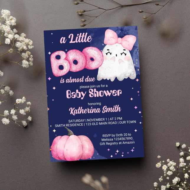Convites Chá de fraldas fantasma da menina do Halloween I (Little boo baby girl ghost pink pumpkin Halloween baby shower invitation template instant download )