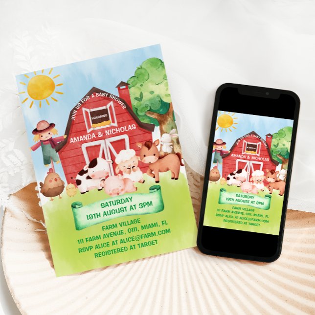 Convites Chá de fraldas-fazenda de animais-quintal (Criador carregado)