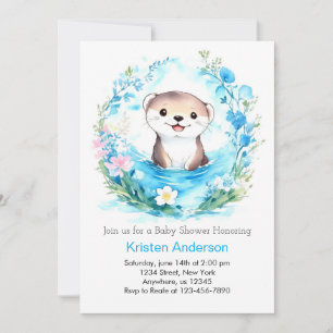 Convites Chá de fraldas Feliz Otter Joyful Blue Floral Boy