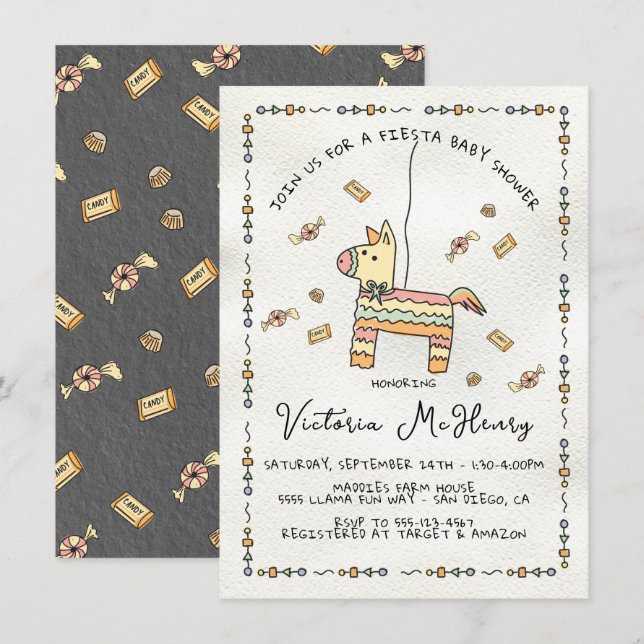 Convites Chá de fraldas Fiesta Mexicano Piñata desenhada (Frente/Verso)