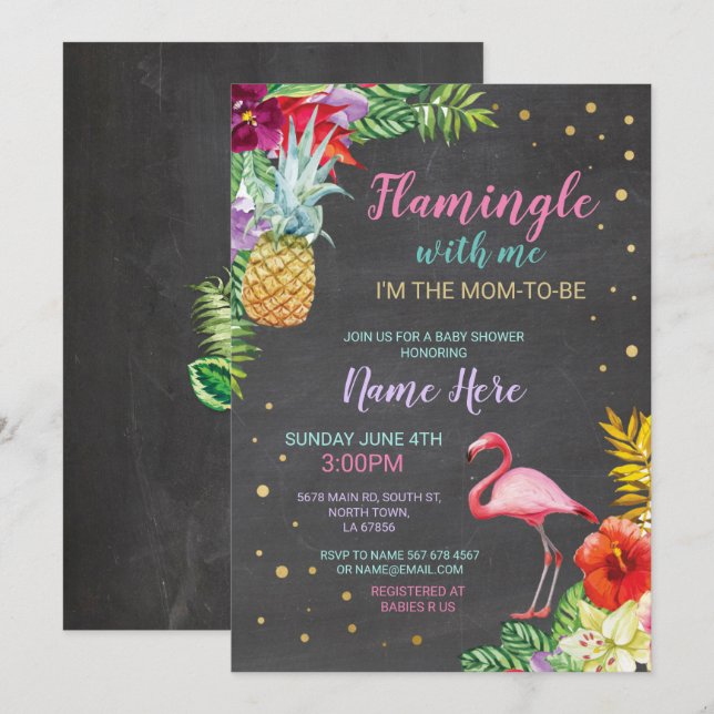 Convites Chá de fraldas Flamingo Chalk Luau Dourado Invite (Frente/Verso)