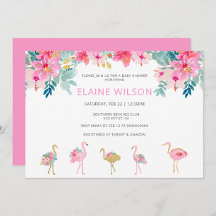 Convites Chá de fraldas Flamingo Dourado, cor-de-rosa tropi